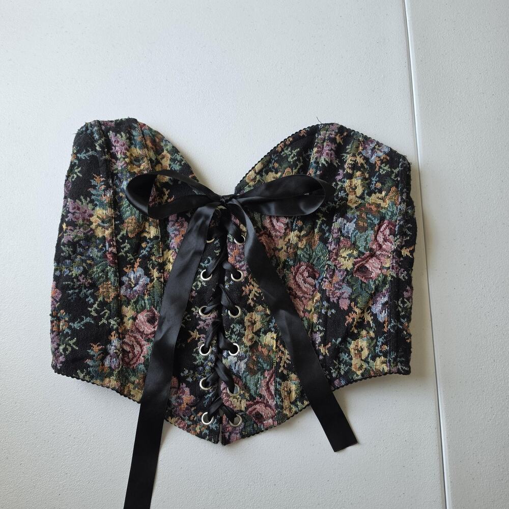 Widow Overbust Corset Top Womens Medium Black Floral Tapestry Jacquard Goth